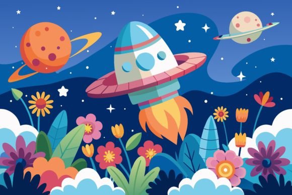 Download Spaceship Sky Cartoon with Flowers on a - Spaceship Collection