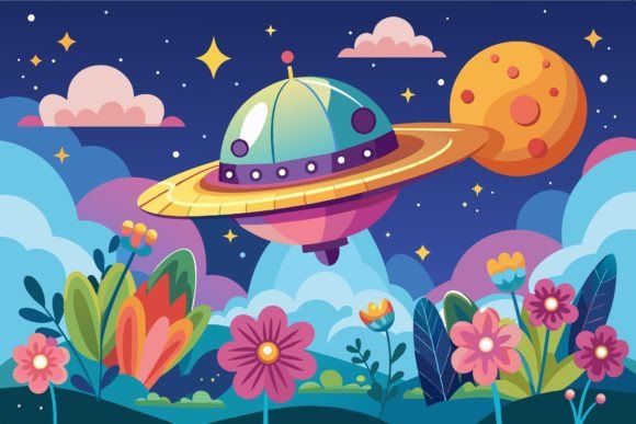 Download Spaceship Sky Cartoon with Flowers on a - Spaceship Collection