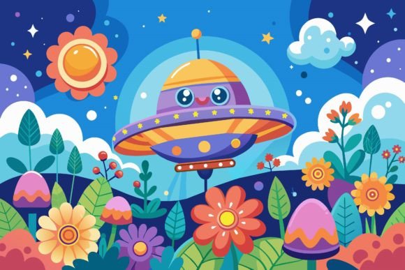 Download Spaceship Sky Cartoon with Flowers on a - Spaceship Collection