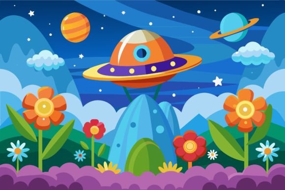 Download Spaceship Sky Cartoon with Flowers on a - Spaceship Collection